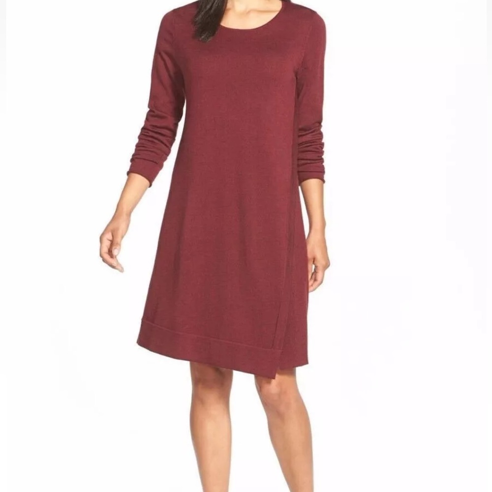 Eileen Fisher Red Merino Wool Jewel Neck Sweater Dress Asymmetric Size S